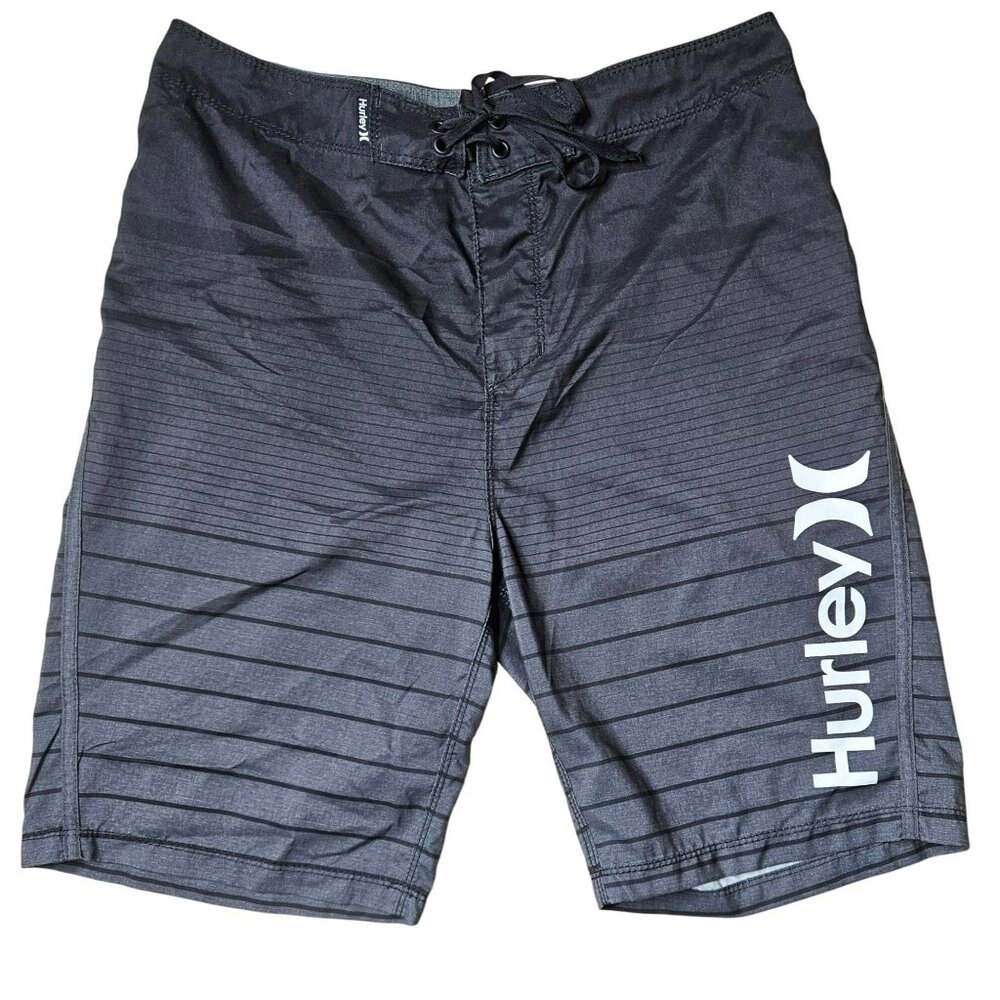 Hurley Mens Black Striped Boardshorts Swim Size 30 Back Gray Pocket Swimsuit